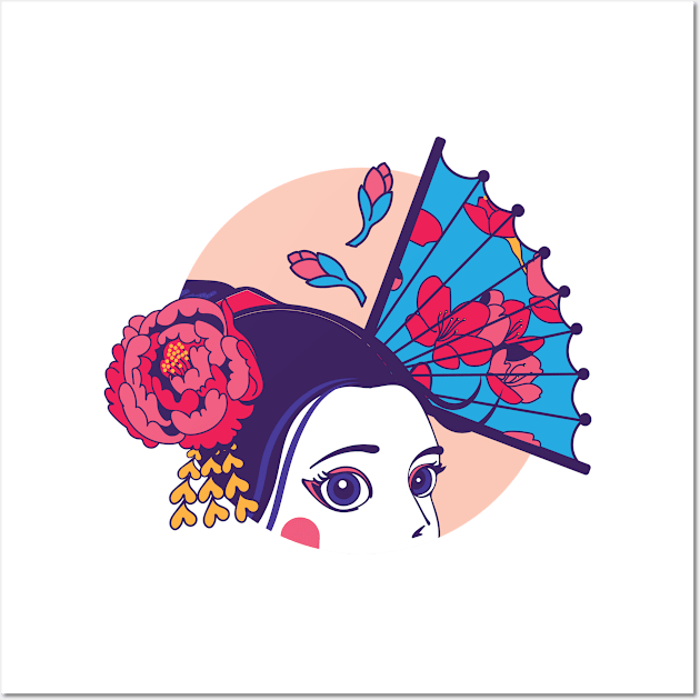 Japanese Geisha and Fan Wall Art by Aditi Kamat